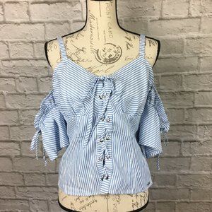 Guess Blue & White Striped Cold Shoulder Top